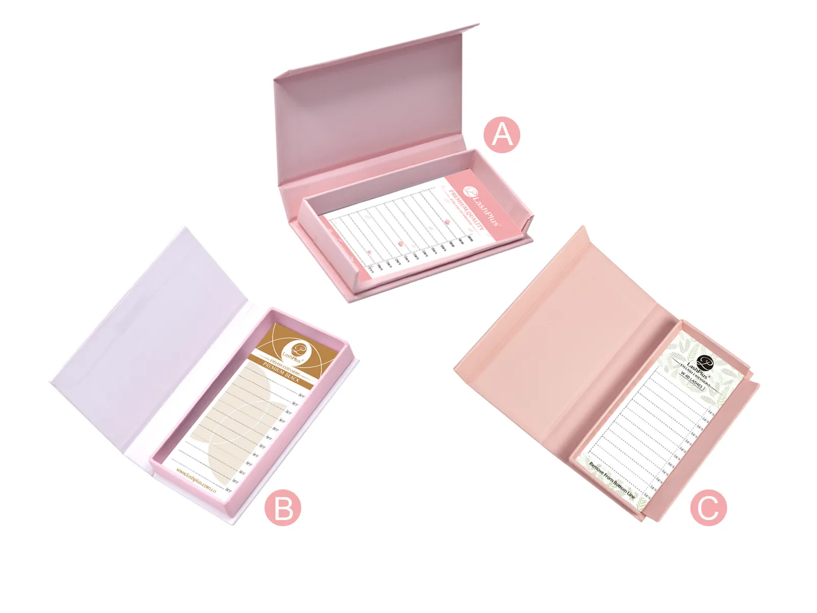 Three custom lash boxes opened side by side, each holding a loaded lash tray in a different colourway